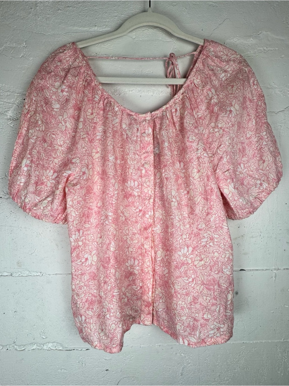 J. Crew Pink Puff-Sleeve Blouse V-back 100% linen top tossed floral SZ 12 NWT
